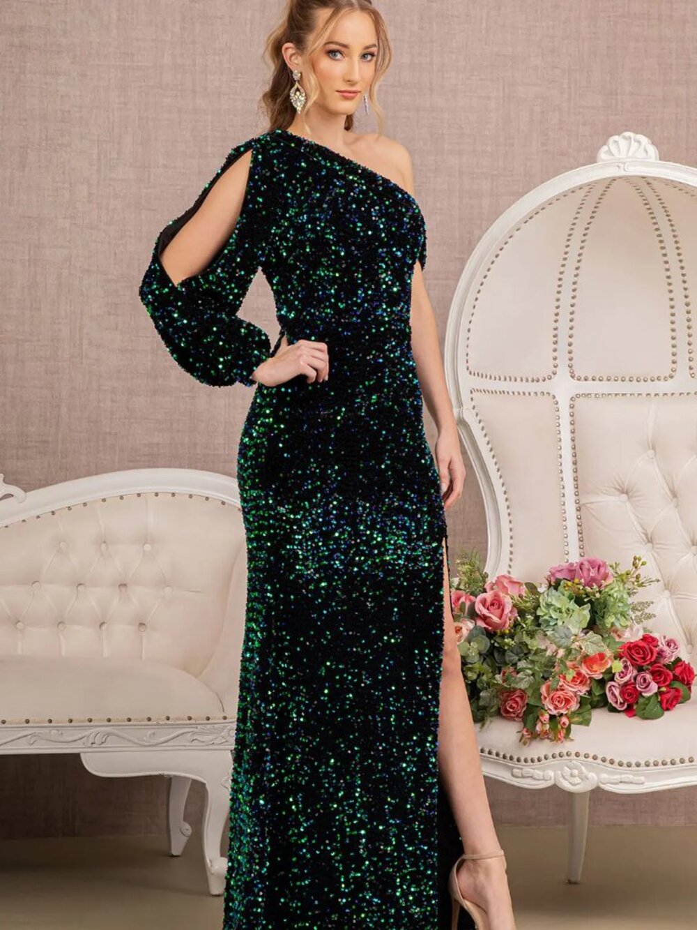NEW GREEN Sequin & Velvet Evening Gown Floor Length Formal GL3159